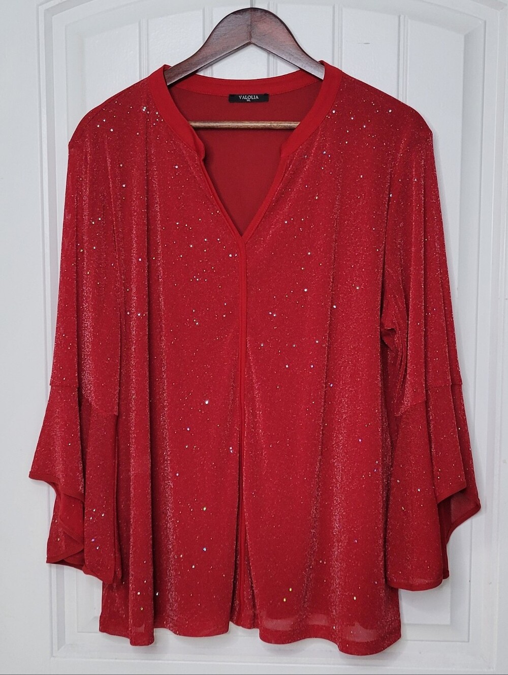 Valolia Red Sparkle V-Neck Flowing Women's Top